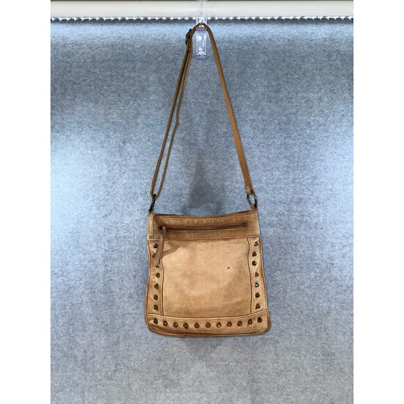 LUCKY BRAND Tan Leather Crossbody Studded Adjustable strap Boho Western Festival - Picture 2 of 14